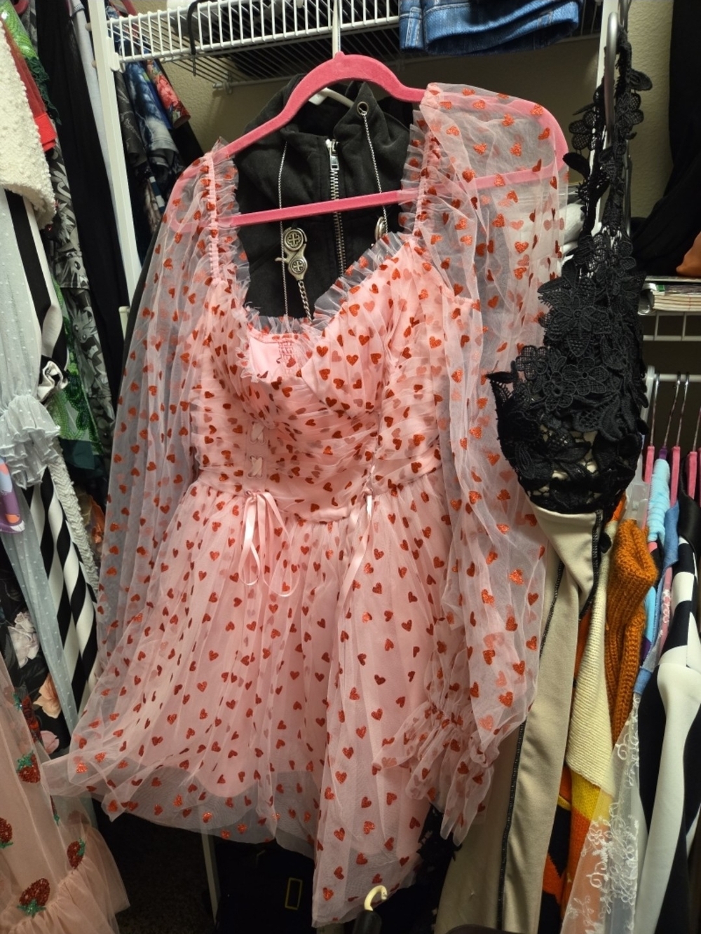 Sugar Thrillz Coral Pink Tulle Dress with Red Glitter Hearts